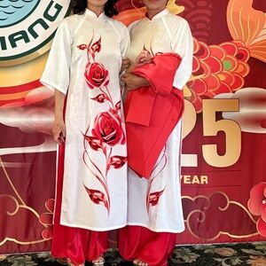 VIETNAMESE | Aó Dài Traditional Dress Red White Floral Flower Rose Bell Sleeve